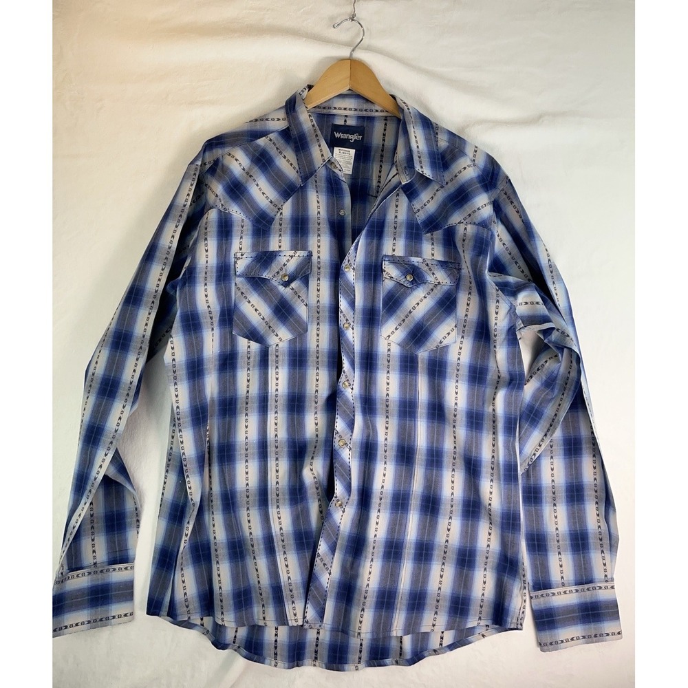 Wrangler Shirt Mens XLarge Blue Striped Aztec Pearl Snap Long Sleeve Western Vtg